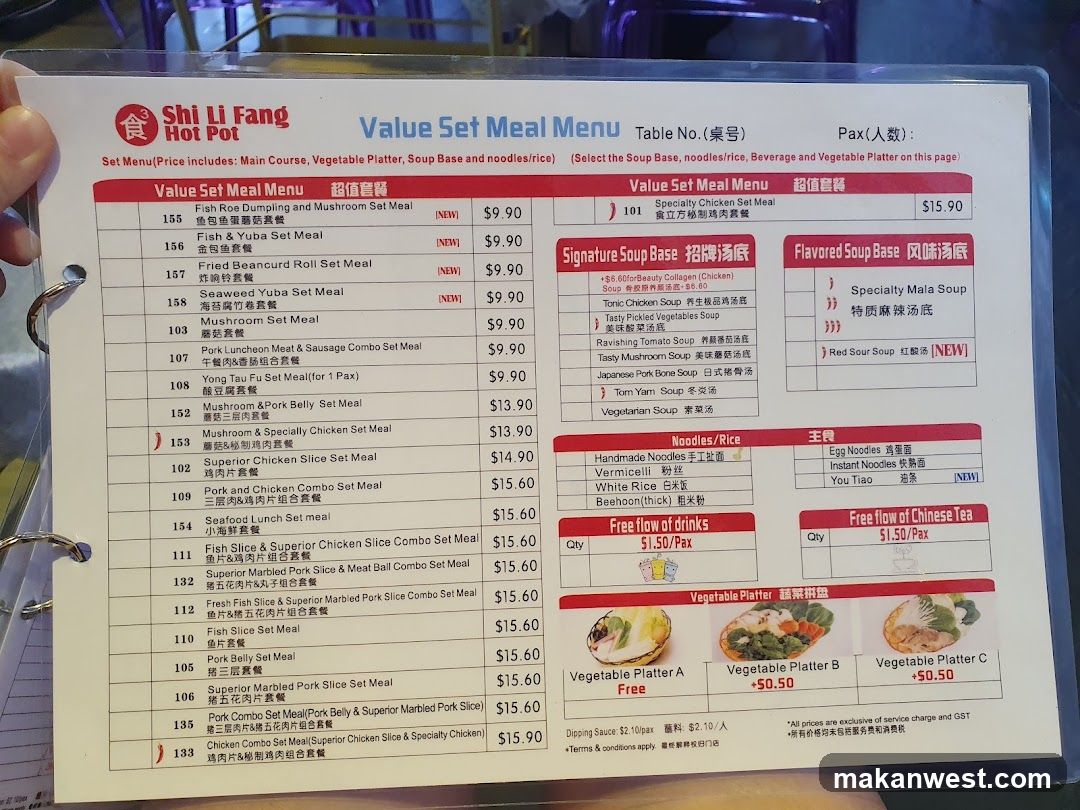 Shi Li Fang Hot Pot Value Set Meal Menu