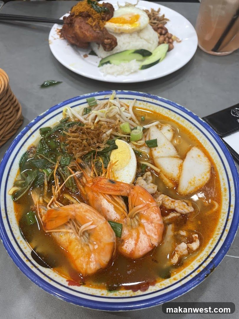 Noodle Dish with Shrimp and Fried Chicken Rice Plate