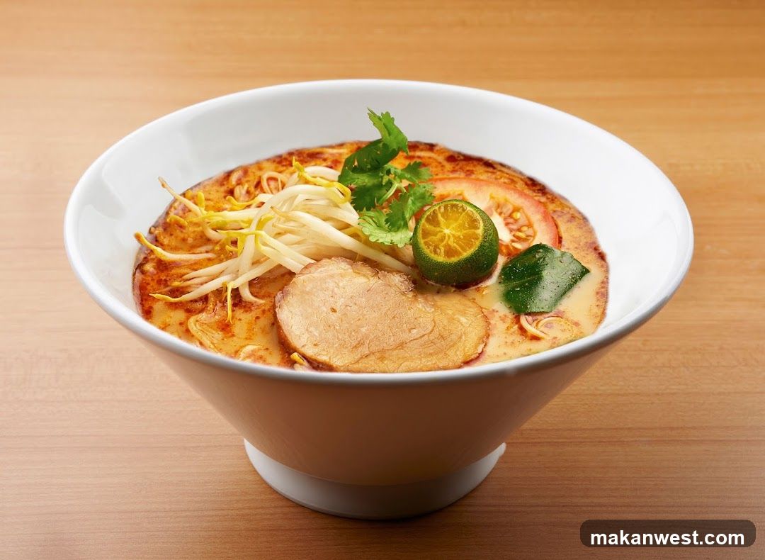 Bowl of Spicy Noodle Soup with Garnishes