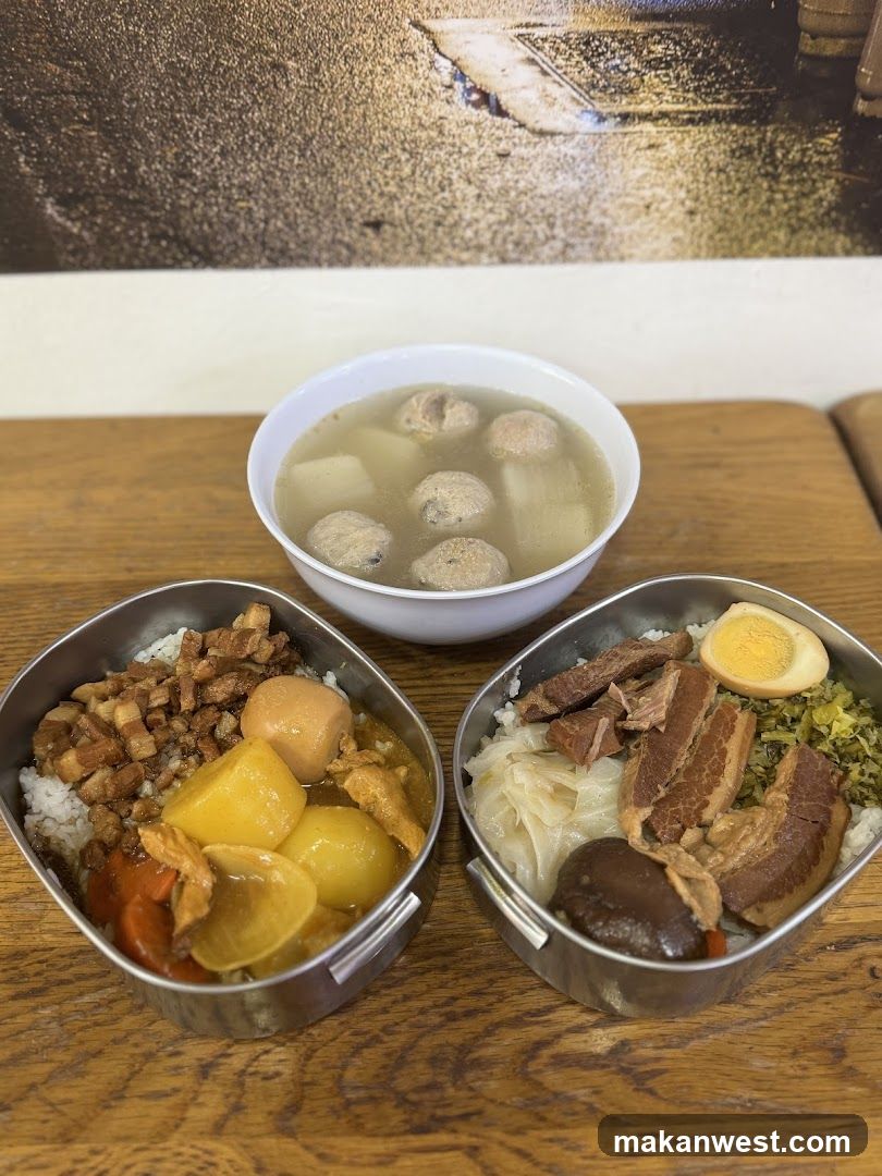 Lunch Meal with Soup and Rice Bowls