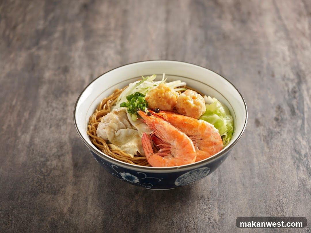 Bowl of Noodles with Shrimp and Dumplings