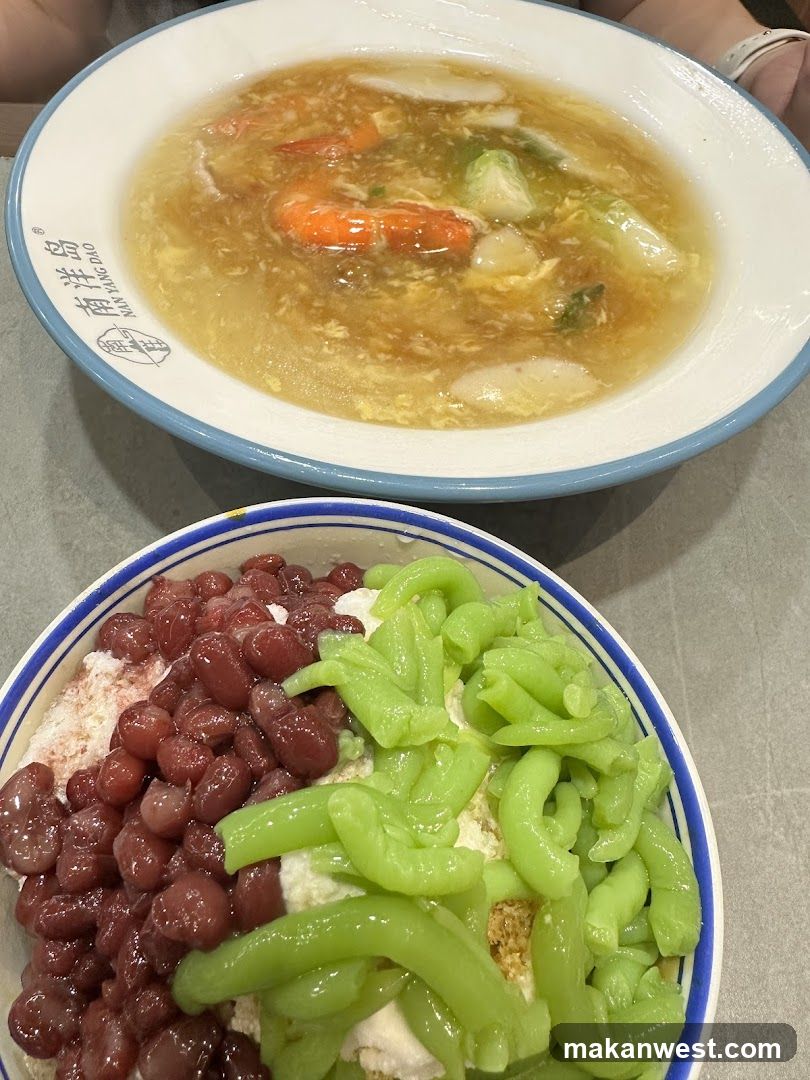 Dish with soup and dessert