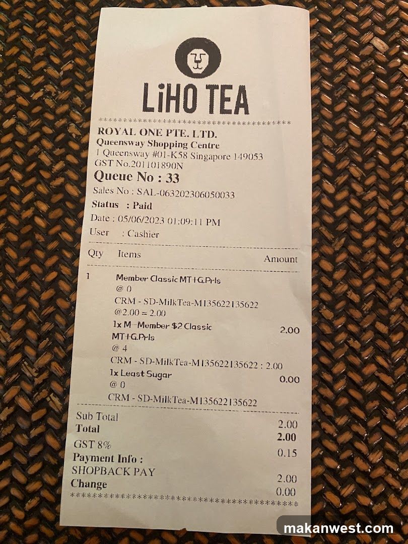 LiHO TEA Receipt