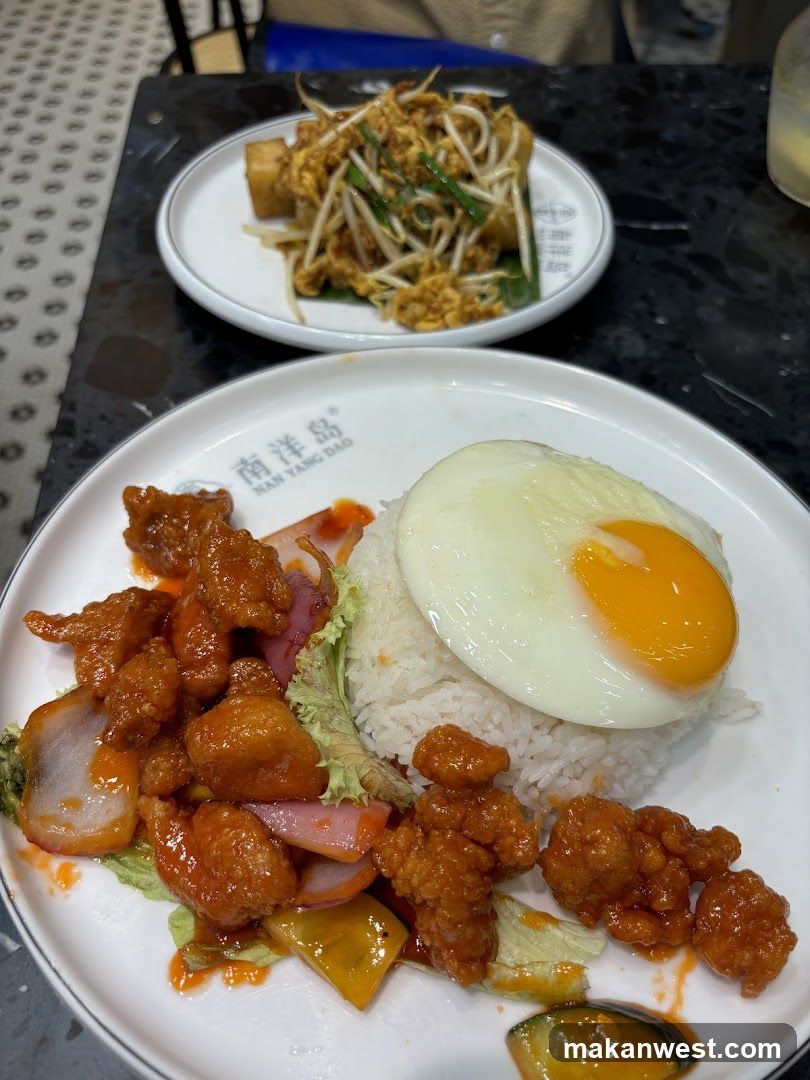 Sweet and Sour Chicken with Rice and Fried Noodles