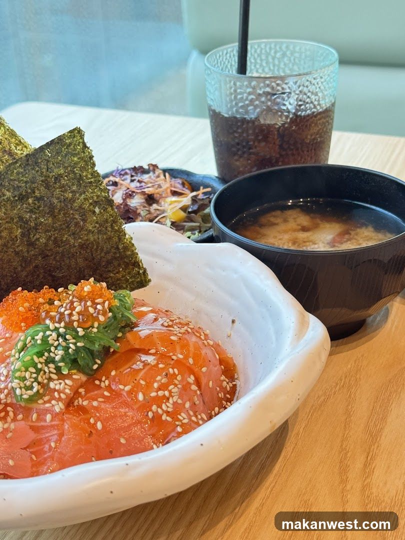 Salmon Donburi with Miso Soup and Drink