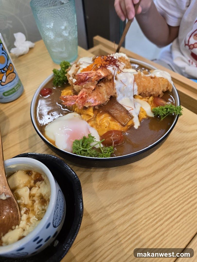 Curry Rice with Fried Shrimp and Egg