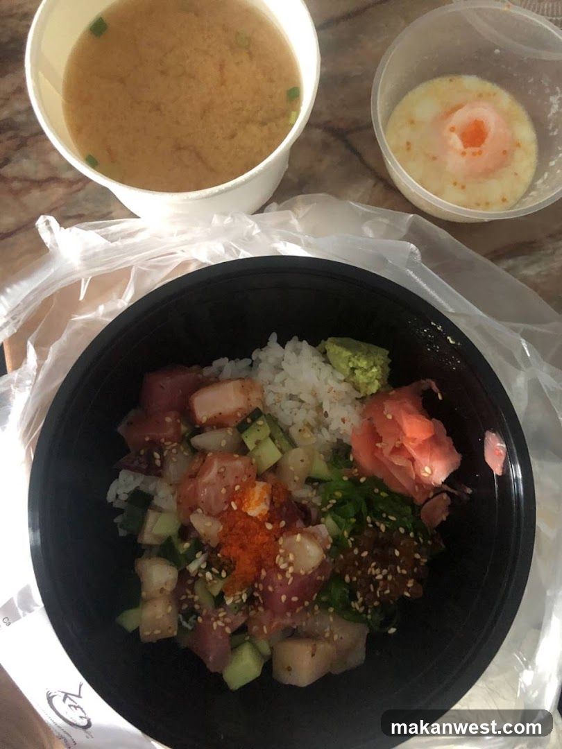 Poke Bowl with Miso Soup and Side Dish