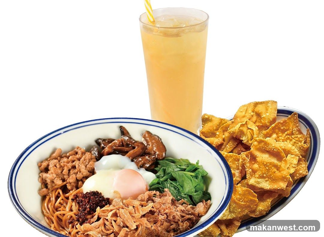 Noodle Dish with Fried Wontons and Drink