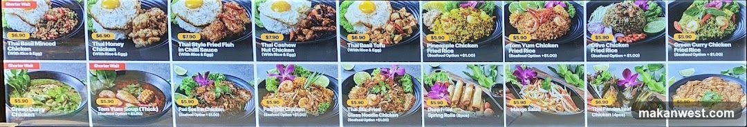 A selection of Thai dishes with prices.