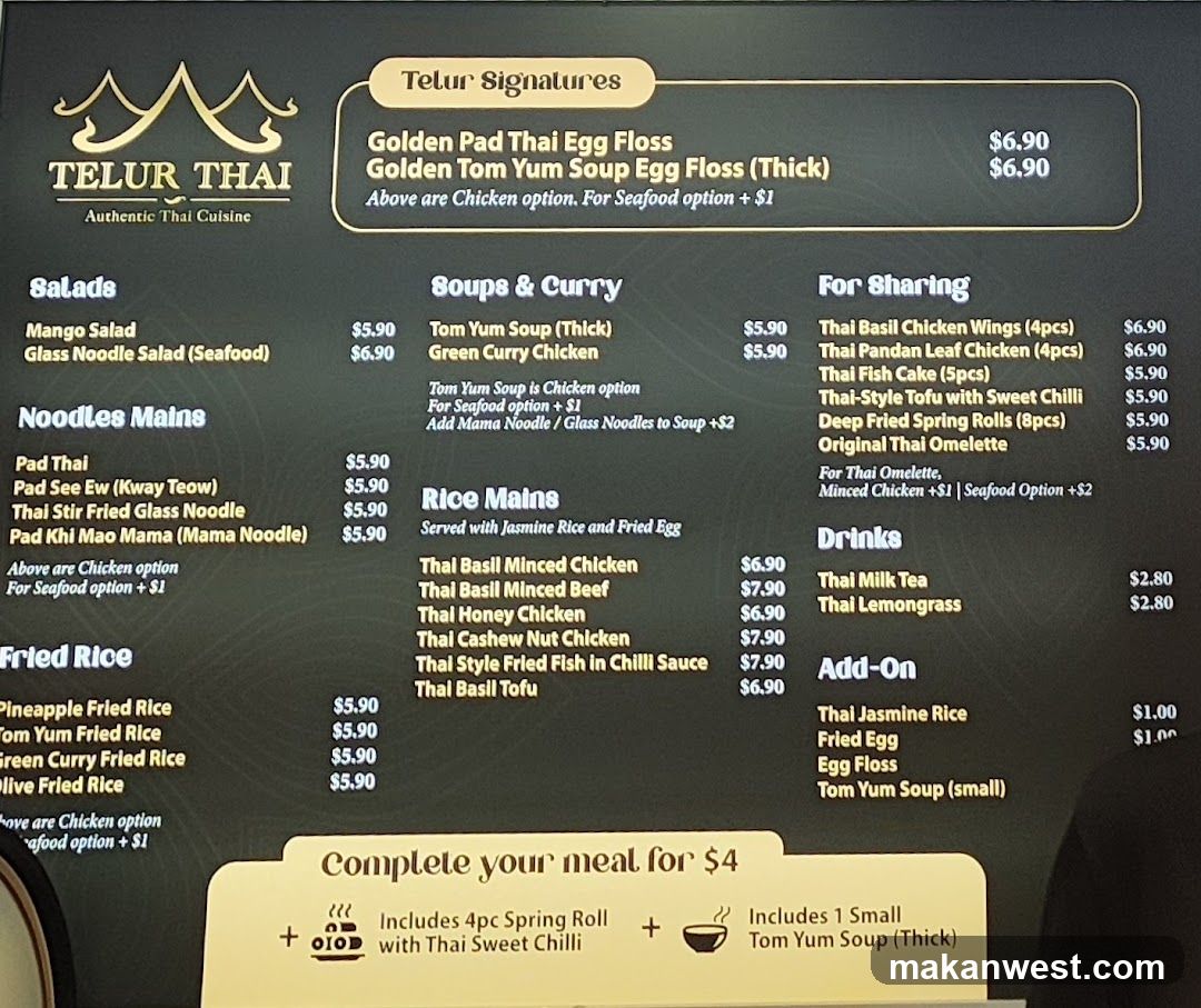 Authentic Thai Cuisine menu with sections for Telur Signatures, Salads, Noodles Mains, Fried Rice, Soups & Curry, Rice Mains, For Sharing, Drinks, and Add-On items. A meal deal is also available.