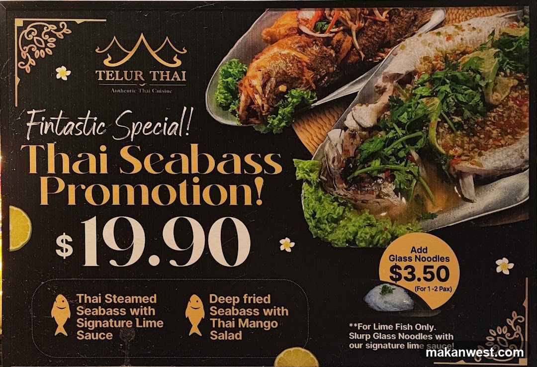 A promotional poster for "Fintastic Special! Thai Seabass Promotion!" priced at $19.90. It offers two options: Thai Steamed Seabass with Signature Lime Sauce and Deep fried Seabass with Thai Mango Salad. An additional option to "Add Glass Noodles" for $3.50 (for 1-2 Pax) is also available, specifically for Lime Fish, to be enjoyed with their signature lime sauce.