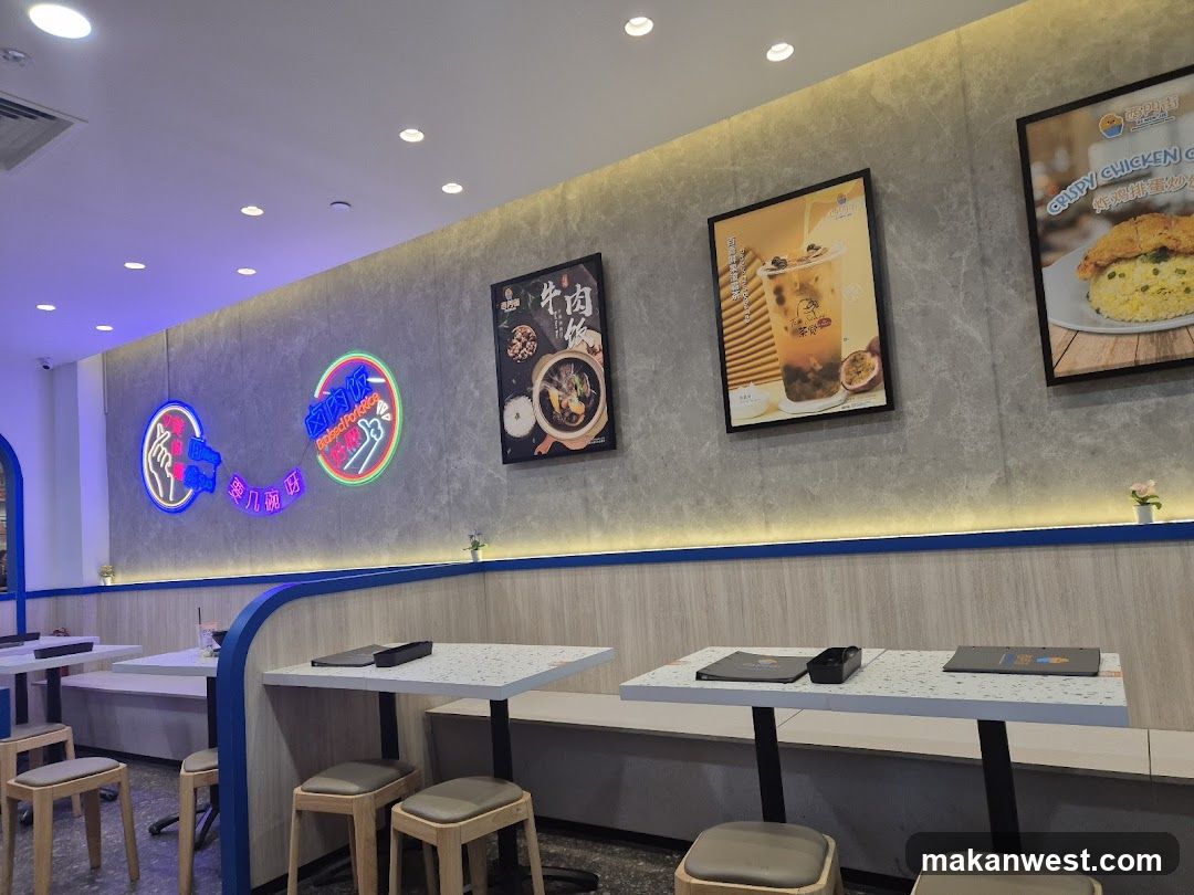 Restaurant Interior with Neon Signs and Food Posters