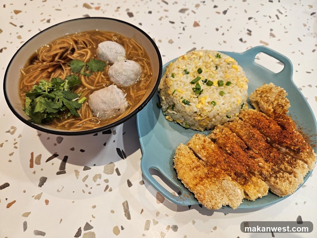 Noodle Soup with Meatballs, Fried Rice, and Fried Chicken