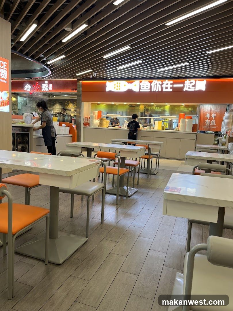 Restaurant Interior with Seating and Food Counter