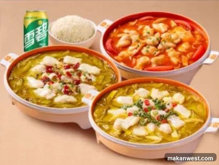 Three bowls of fish stew with rice and a can of soda