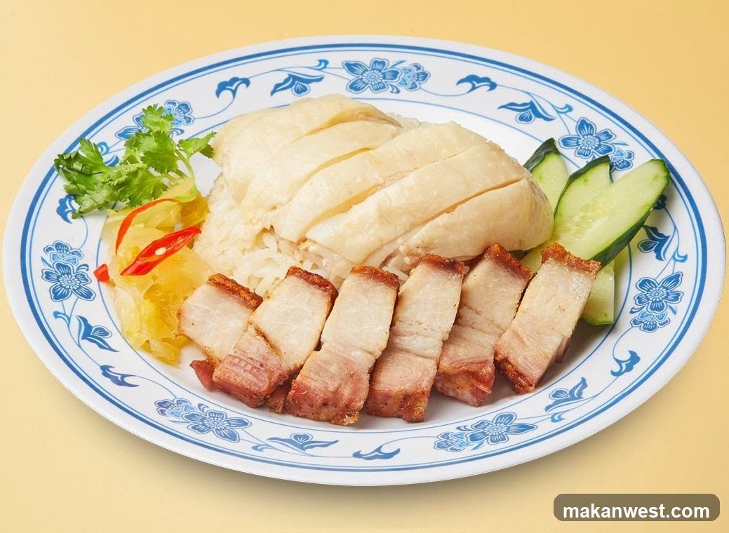Hainanese Chicken Rice with Crispy Pork Belly