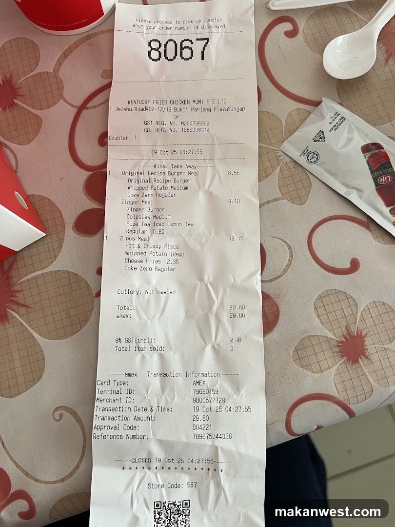 Receipt from Kentucky Fried Chicken