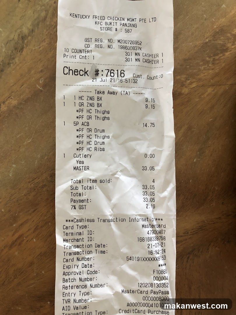 KFC Bukit Panjang Receipt