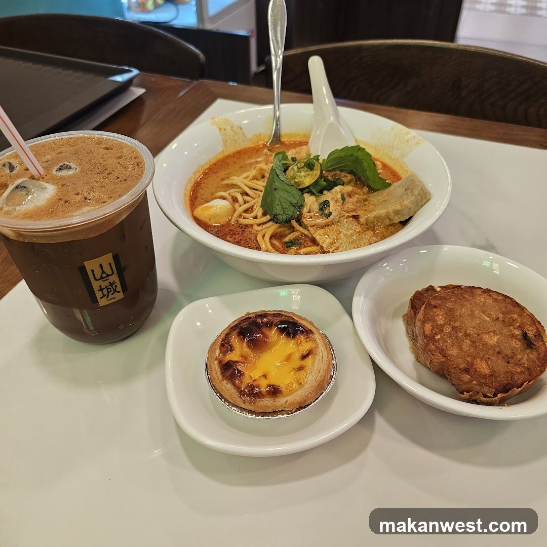 Meal with Noodles and Pastry