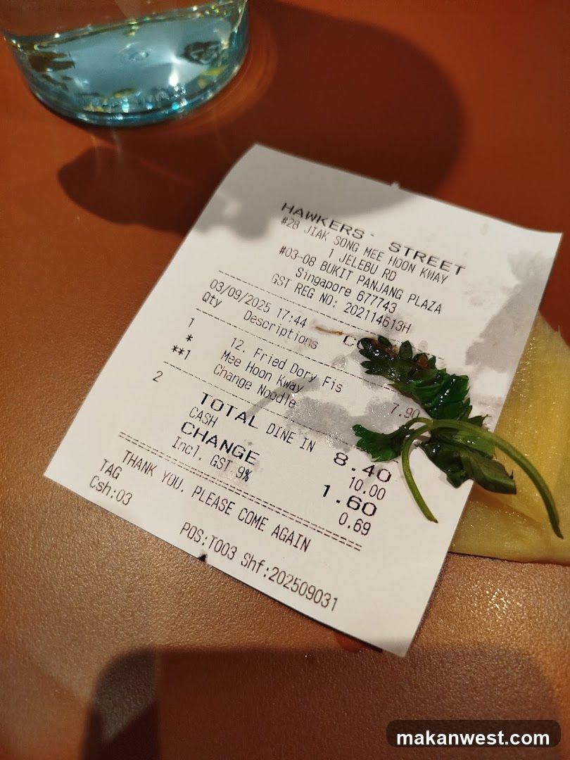 Receipt with food items