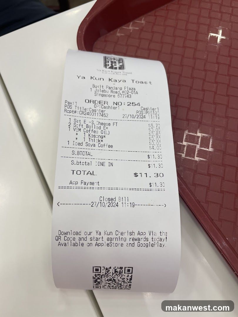 Ya Kun Kaya Toast Receipt