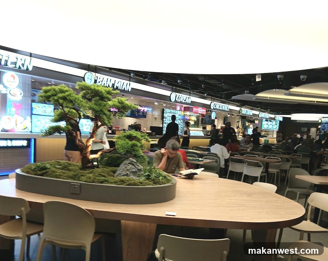 Food court with various stalls and seating