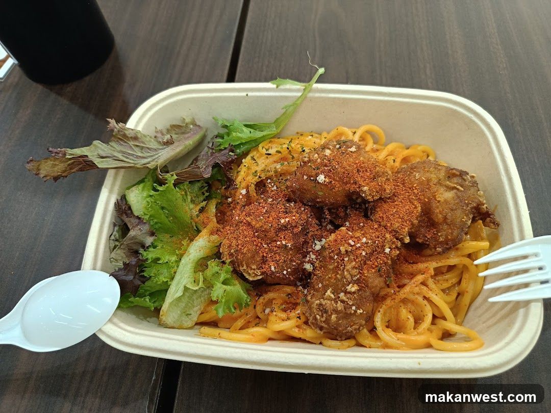 Pasta with Fried Chicken and Salad