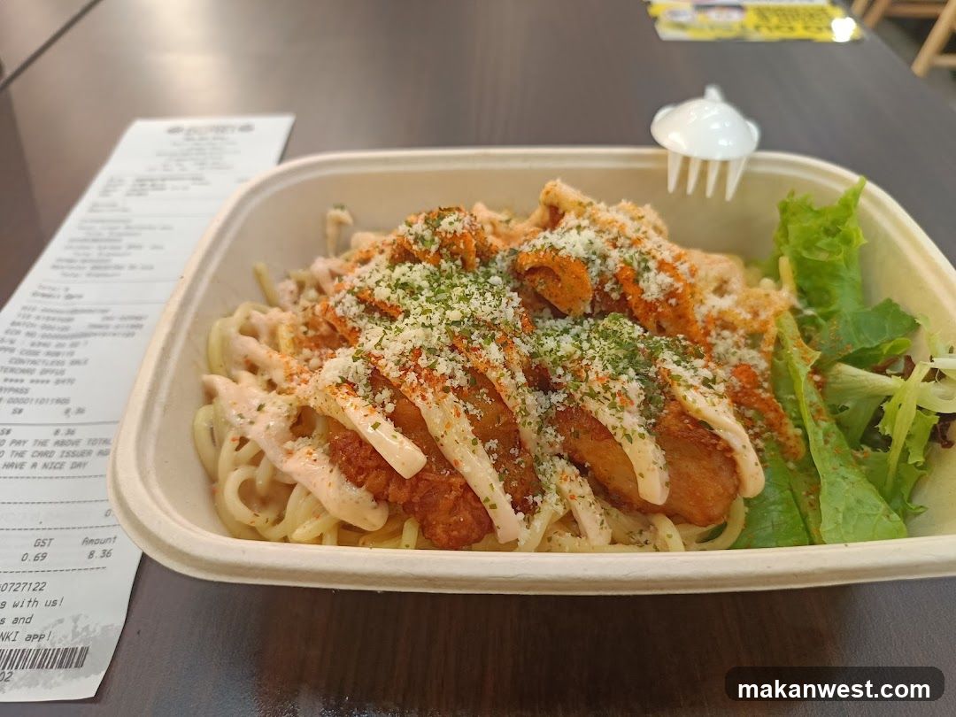 Pasta with Fried Chicken and Salad