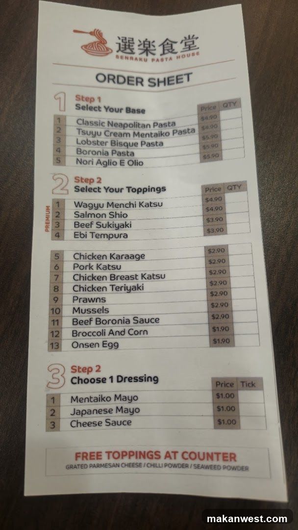 SENRAKU PASTA HOUSE ORDER SHEET