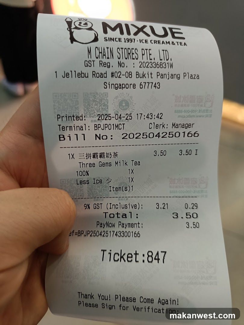 Receipt from Mixue