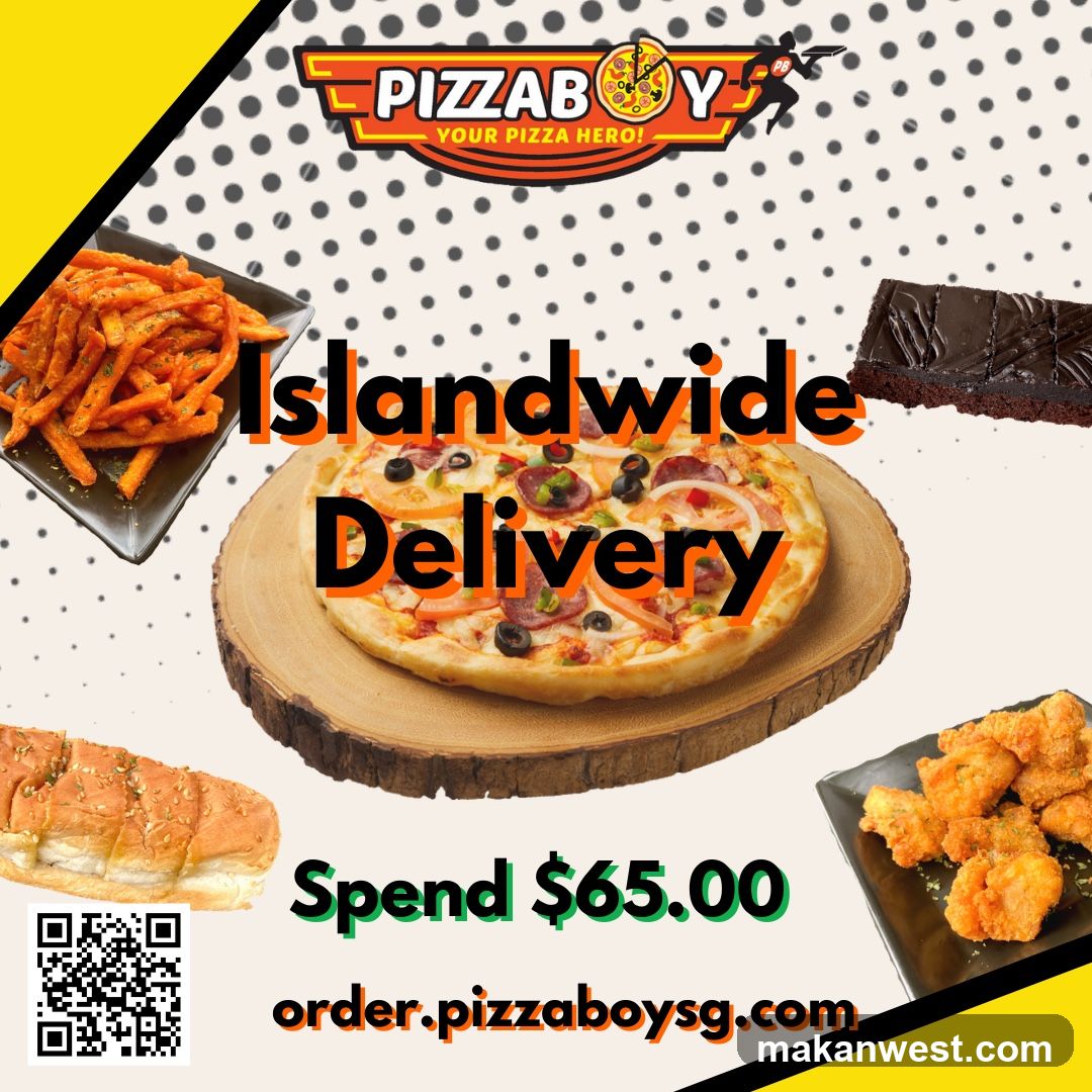 A promotional image for pizza delivery featuring a pizza, french fries, fried chicken, garlic bread, and a chocolate brownie. Text overlays indicate "Islandwide Delivery" and "Spend $65.00" with a website address and QR code for ordering.