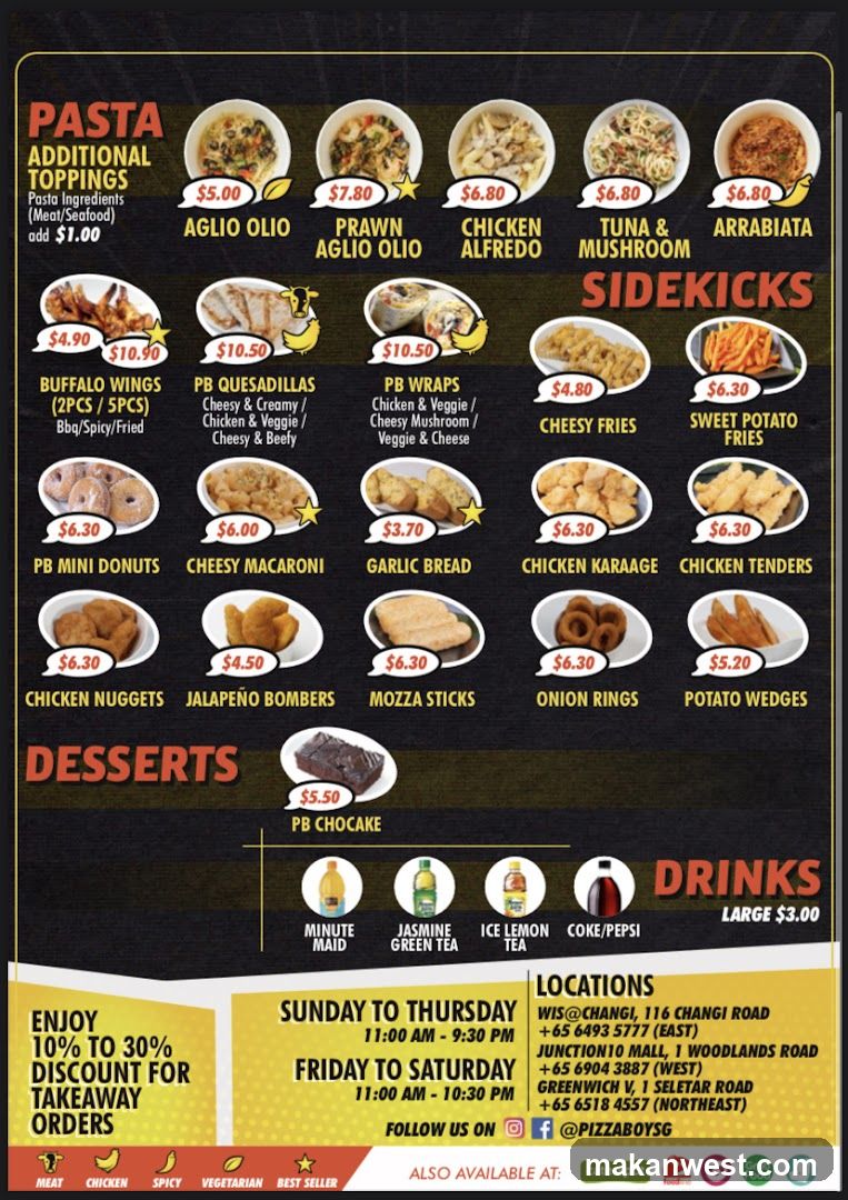 A menu with pasta, sidekicks, desserts, and drinks. There is also a discount for takeaway orders and locations listed.