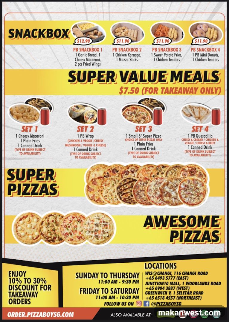 A menu featuring snack boxes, super value meal sets, and pizzas. The menu also lists locations and operating hours.