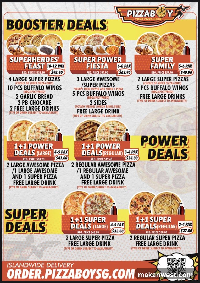 A menu featuring various pizza and wing deals from Pizza Boy.