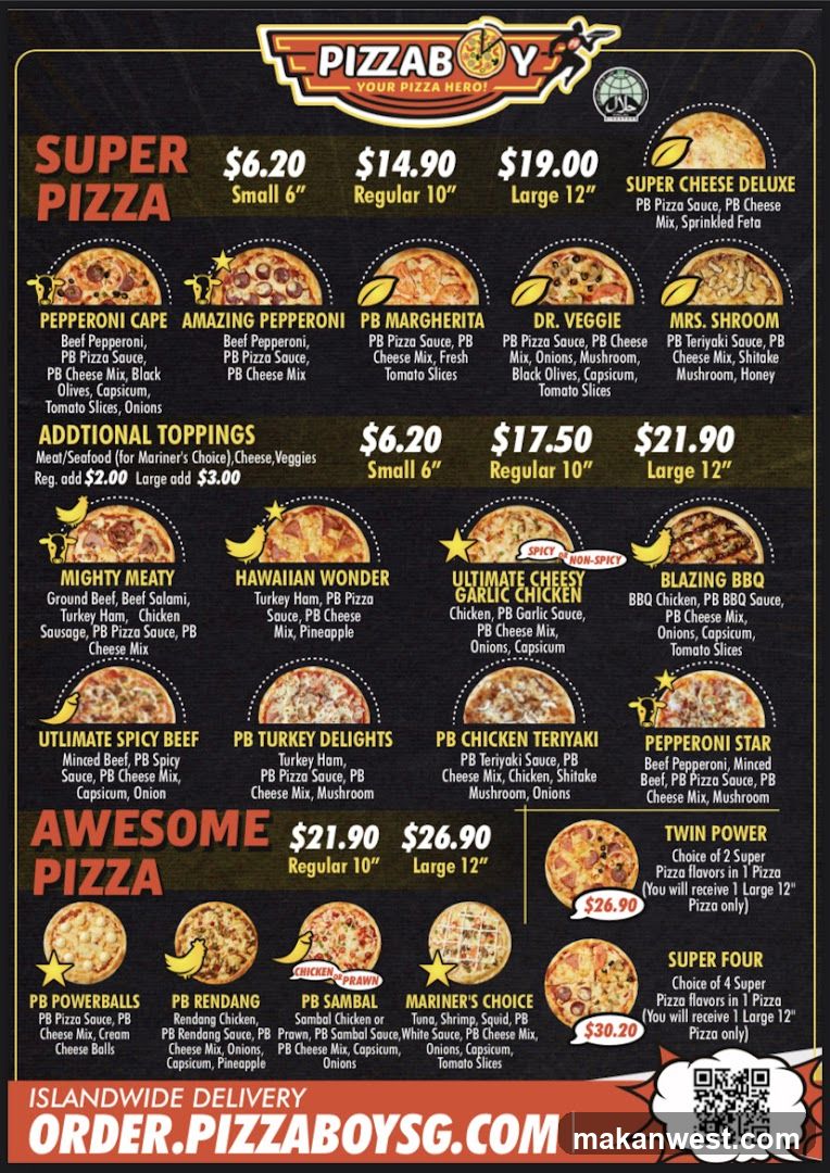 A menu for Pizzaboy featuring various pizza options with descriptions and prices.
