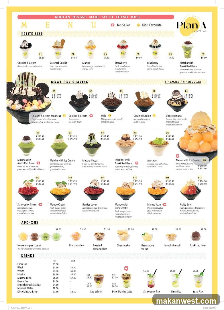 Menu featuring various bingsu flavors in petite and sharing sizes, add-ons, and drinks.