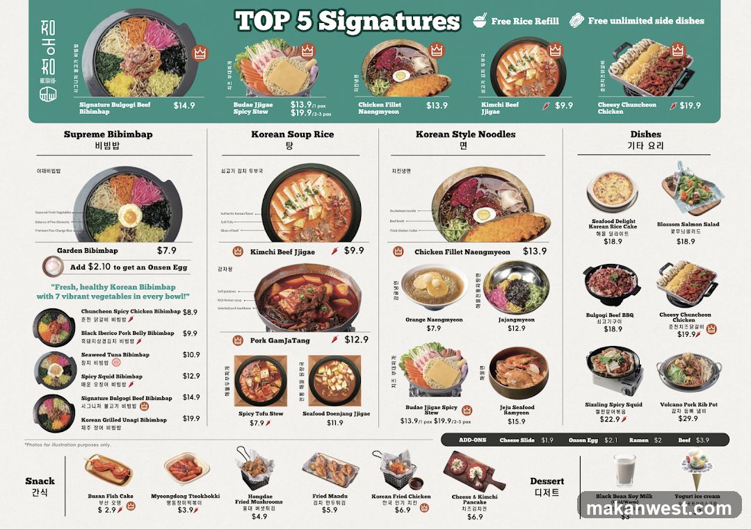 Korean cuisine with various signature dishes, soups, noodles, and snacks.