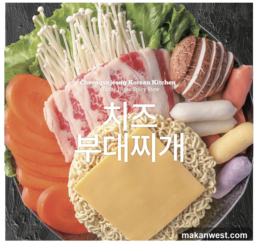A close-up overhead view of a Budae Jjigae (Spicy Stew) dish. The ingredients are arranged in a circular metal bowl and include thinly sliced beef, enoki mushrooms, lettuce, sliced carrots, instant ramen noodles topped with a slice of cheese, sliced shiitake mushrooms, sausages, and white and purple rice cakes. The text "Cheongsujeong Korean Kitchen" and "Budae Jjigae Spicy Stew" is overlaid on the image, along with Korean text that translates to "Cheese Budae Jjigae".