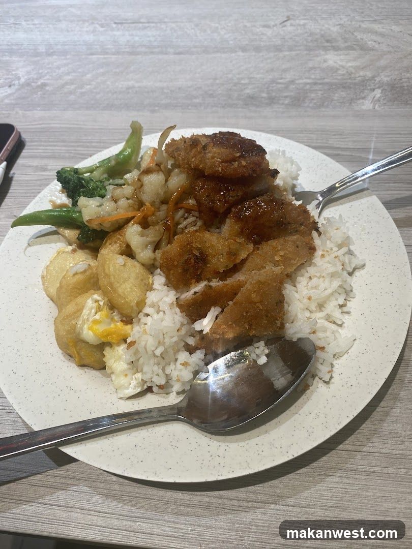 Plate of food with rice and fried items