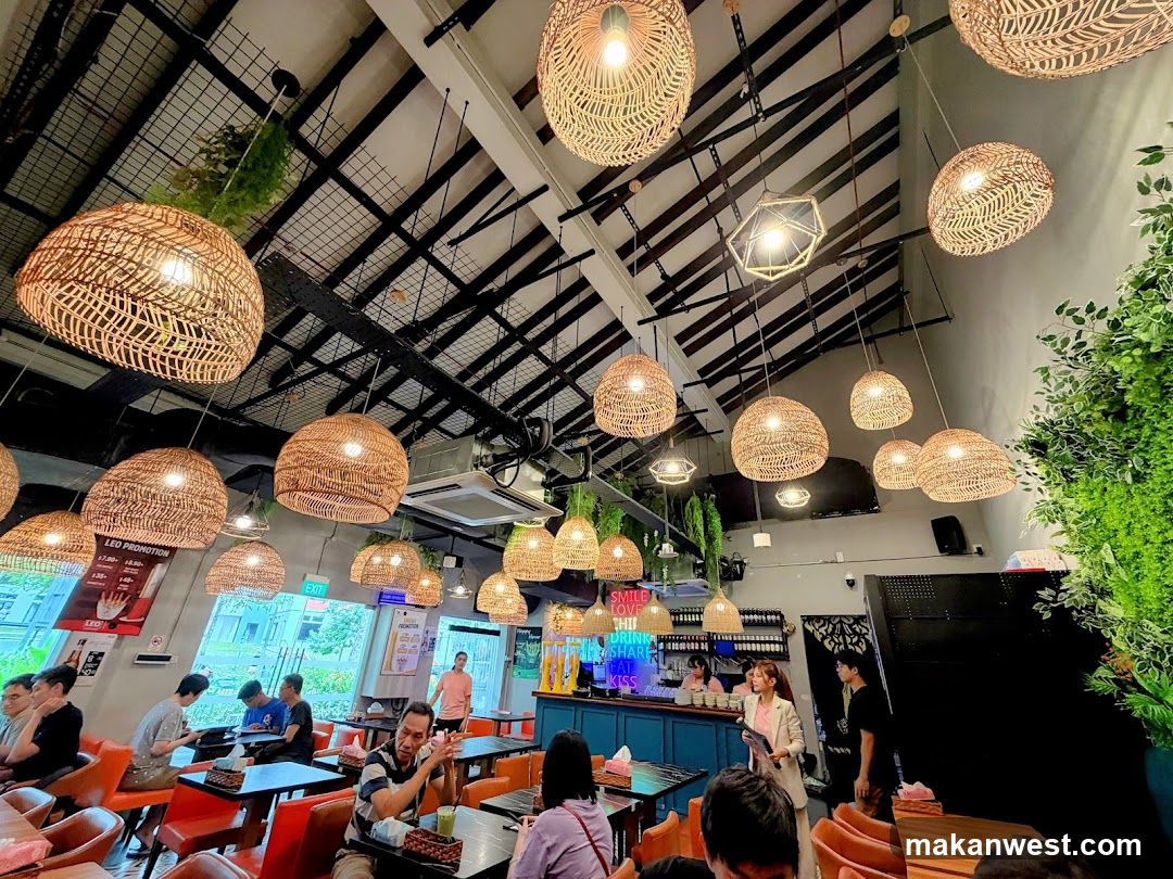 Restaurant Interior with Woven Pendant Lights