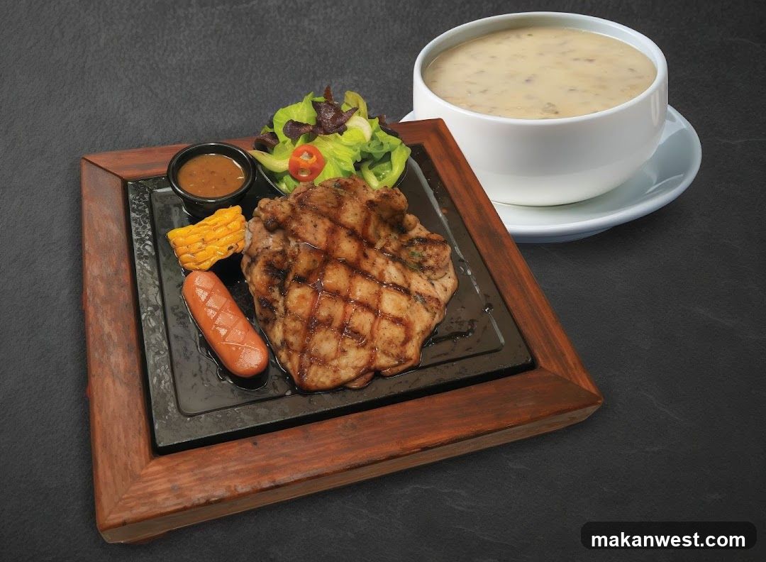 Grilled Pork Chop with Sides and Soup