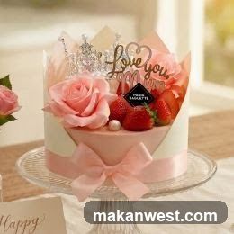 Pink Cake with Flowers and Strawberries