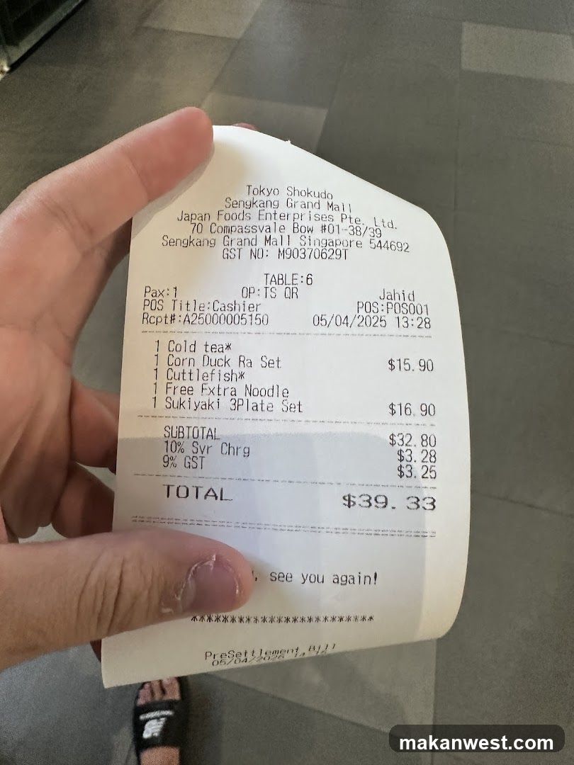 Receipt from Tokyo Shokudo