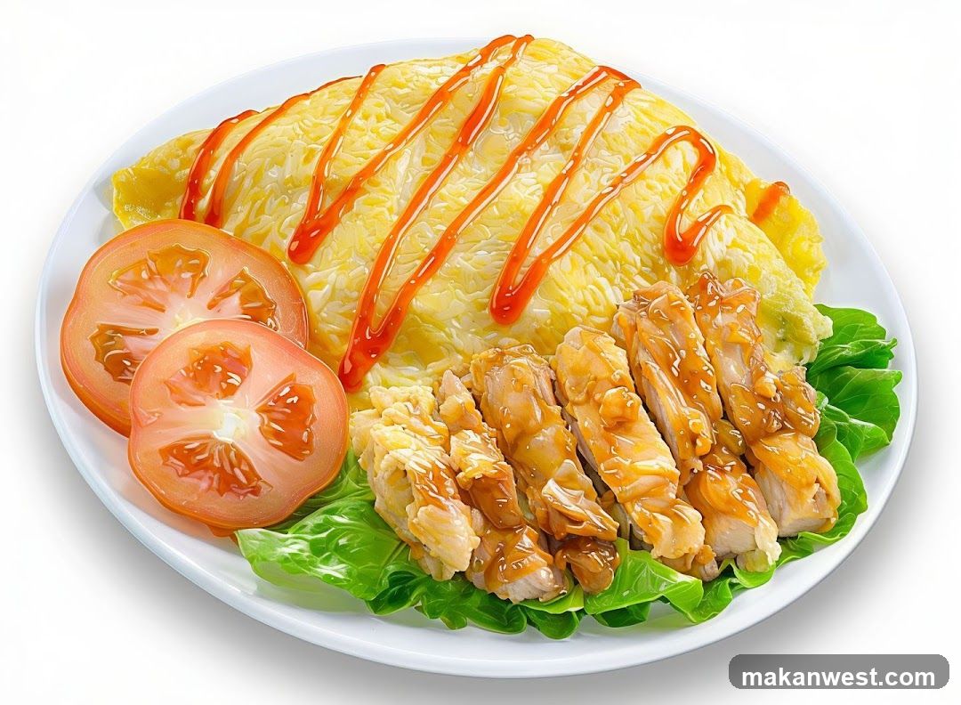 A white plate holds a fluffy omelet drizzled with ketchup, served with sliced grilled chicken glazed in a sauce and sprinkled with sesame seeds, accompanied by two tomato slices and lettuce.
