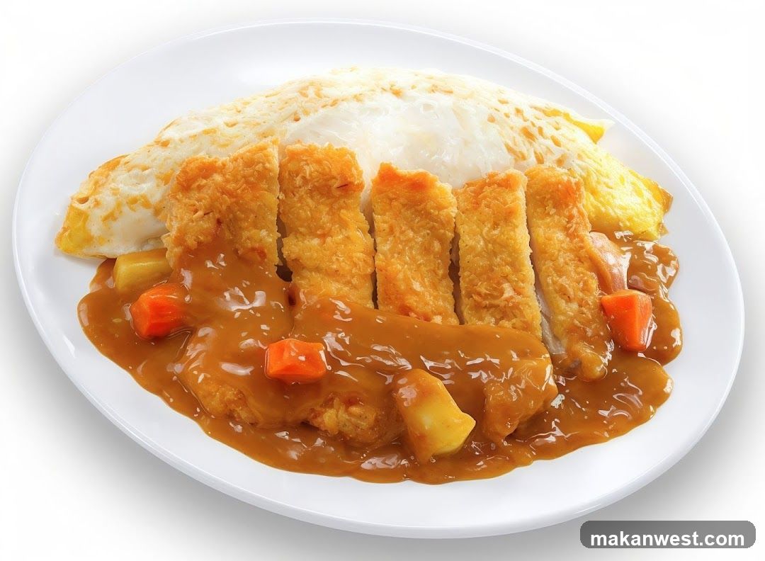 A plate of chicken katsu curry served with rice and a thin omelet. The dish features several pieces of breaded and fried chicken katsu, generously coated in a rich, brown curry sauce. Visible vegetables in the sauce include diced carrots and potatoes. The rice is topped with a delicate, folded omelet.