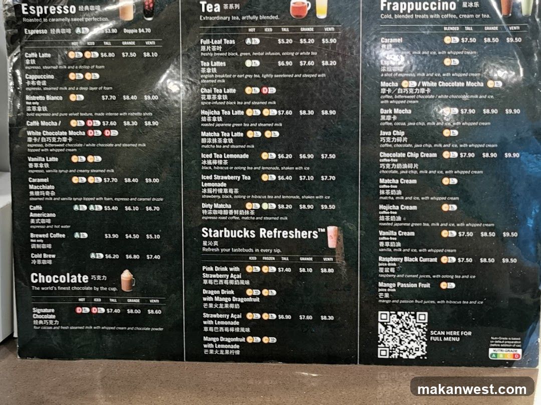 Espresso, Tea, Frappuccino, and Refreshers Menu