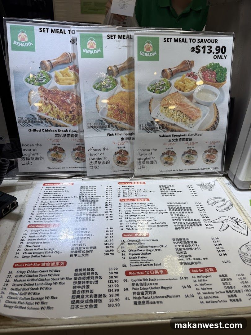 Set meals featuring grilled chicken steak, fish fillet, and salmon spaghetti are available for $13.90. The menu also includes various pasta dishes, main dishes with rice, fried chicken, snacks, and kids' meals.