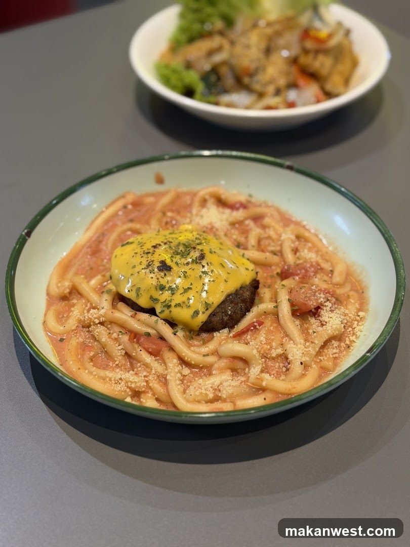 Udon with Tomato Sauce and Cheeseburger Patty