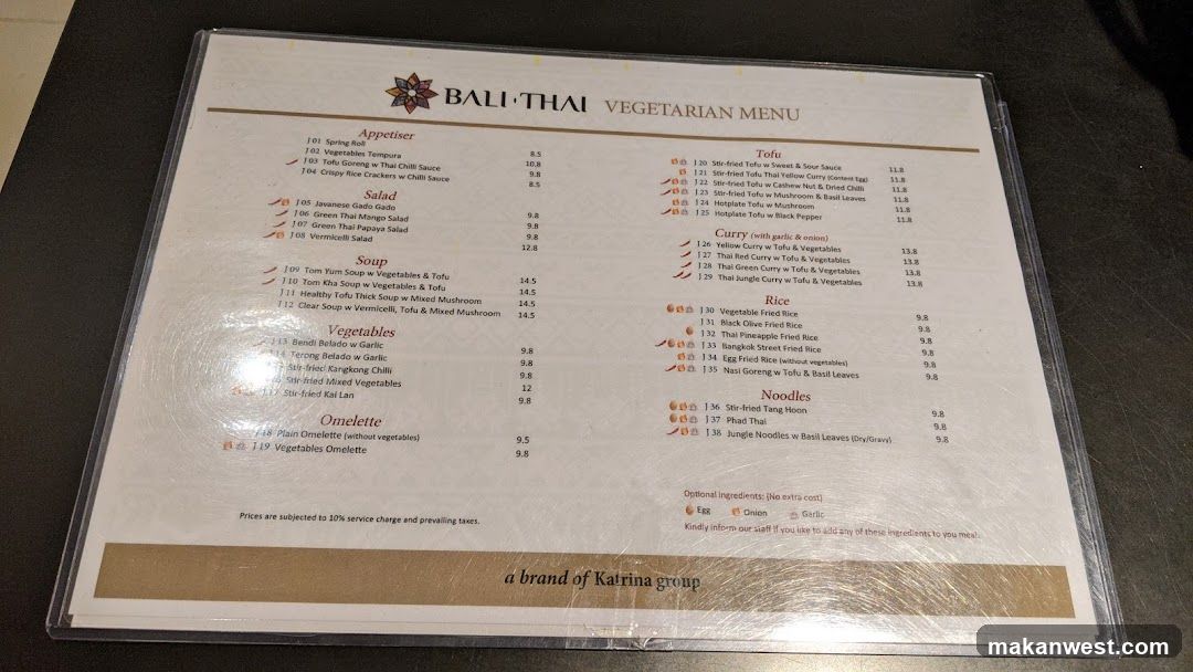 BALI THAI VEGETARIAN MENU