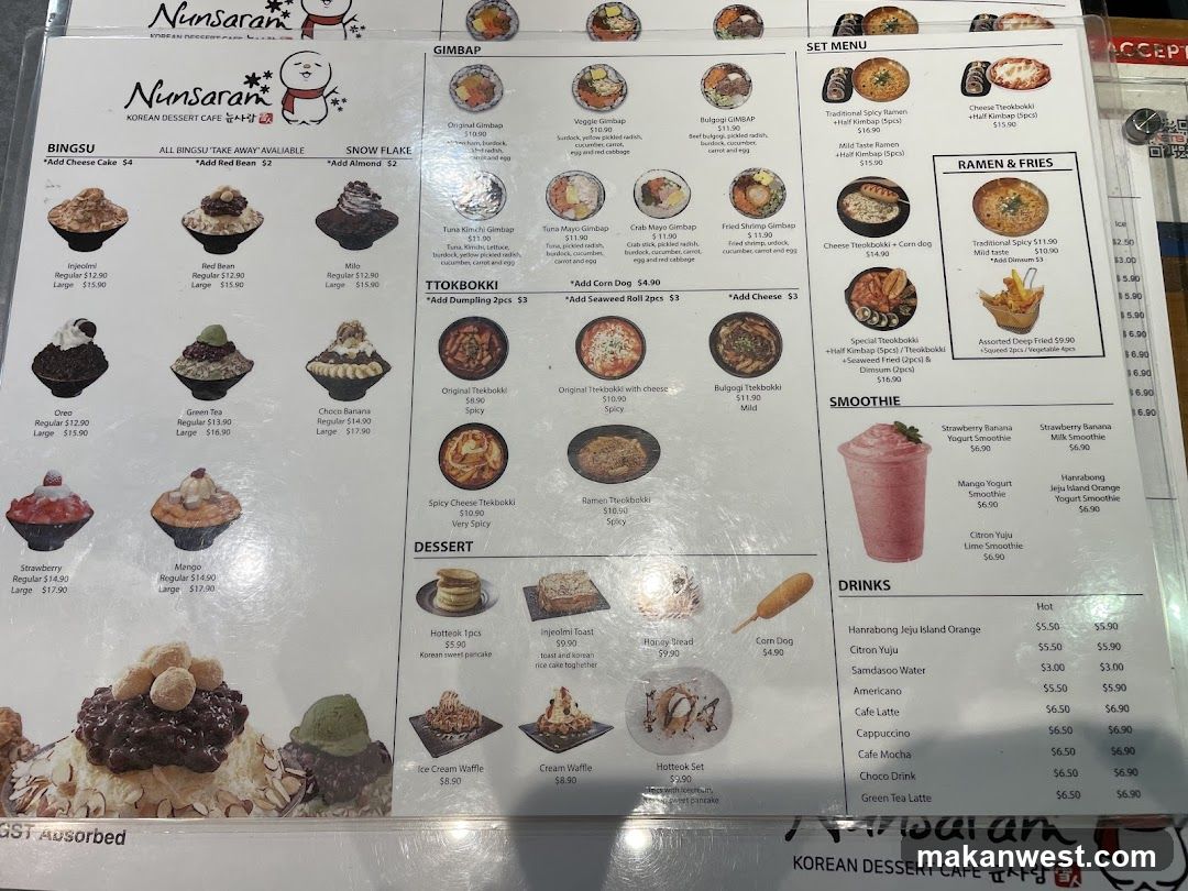 Nunsaran Korean Dessert Cafe Menu